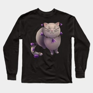 Cat with campanula flowers Long Sleeve T-Shirt